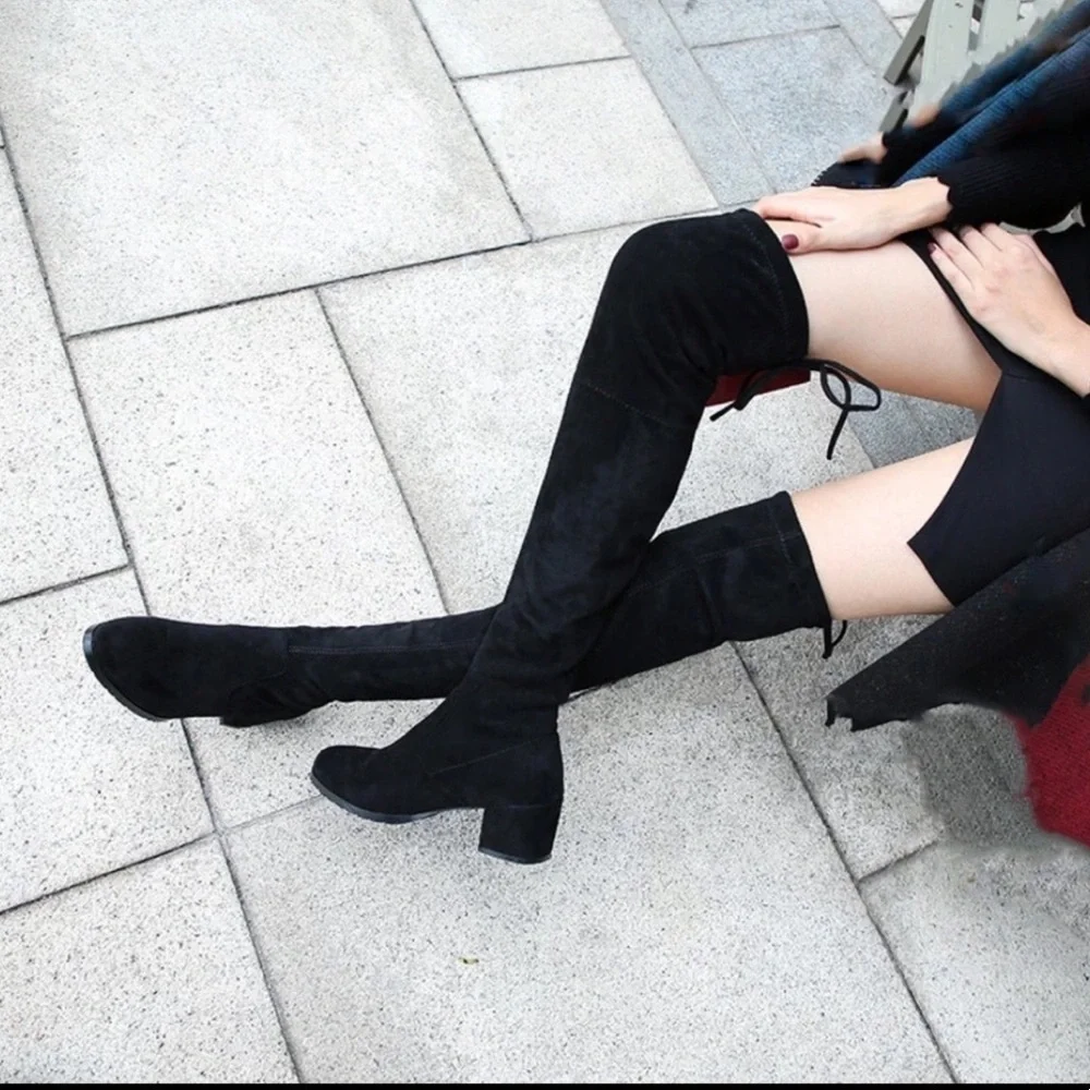 Black Faux Suede Over The Knee Block Heel Boot 6.5